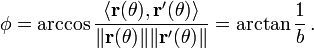 \phi = \arccos \frac{\langle \mathbf{r}(\theta), \mathbf{r}'(\theta) \rangle}{\|\mathbf{r}(\theta)\|\|\mathbf{r}'(\theta)\|} = \arctan \frac{1}{b}\,.