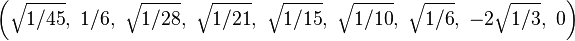 \left(\sqrt{1/45},\ 1/6,\ \sqrt{1/28},\ \sqrt{1/21},\ \sqrt{1/15},\ \sqrt{1/10},\ \sqrt{1/6},\ -2\sqrt{1/3},\ 0\right)