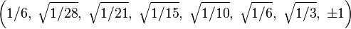 \left(1/6,\ \sqrt{1/28},\ \sqrt{1/21},\ \sqrt{1/15},\ \sqrt{1/10},\ \sqrt{1/6},\ \sqrt{1/3},\ \pm1\right)