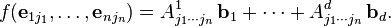 f(\textbf{e}_{1j_1},\ldots,\textbf{e}_{nj_n}) = A_{j_1\cdots j_n}^1\,\textbf{b}_1 + \cdots +  A_{j_1\cdots j_n}^d\,\textbf{b}_d.