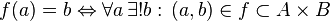  \quad f(a)=b \Leftrightarrow \forall a \, \exist ! b : \, (a,b) \in f \sub A \times B