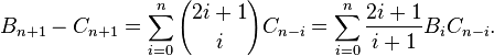 B_{n+1} - C_{n+1} = \sum_{i=0}^n {2i+1 \choose i} C_{n-i} = \sum_{i=0}^n \frac{2i+1}{i+1} B_i C_{n-i}.