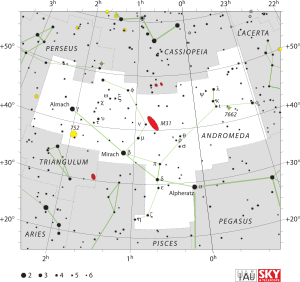 Andromeda takımyıldızı ile çevresinin sınırlarını ve yıldız konumlarını gösteren diyagram.