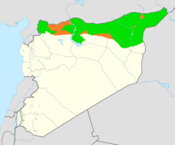 Kuzey Suriye Federasyon'nun kontrolündeki (yeşil) ve federasyonun yönetim talebinde bulunduğu (turuncu) bölgeleri gösteren Suriye haritası