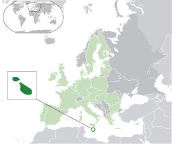  Malta konumu  (koyu yeşil)– Avrupa'da  (yeşil & koyu gri)– Avrupa Birliğinde  (yeşil)