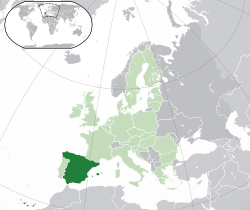  İspanya konumu  (koyu yeşil)– Avrupa'da  (yeşil & koyu gri)– Avrupa Birliğinde  (yeşil)