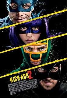 Four masked faces, against a black background, yellow diagonal lines dividing them. An older man with rough stubble on his chin, in a blue mask; a girl with purple hair wearing a purple mask; a man in a green and yellow mask; a man in a black mask.