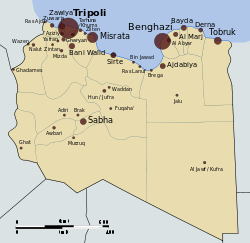 Kahverengi : UGK kontrolündeki bölgeler  Yeşil : Kaddafi kontrolündeki bölgeler  Mavi : Üstüğünün belli olmadığı bölgeler