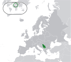 Avrupa haritasında Sırbistan (yeşil) – Kosova ve Metohiya (açık yeşil)