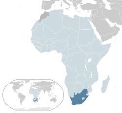  Güney Afrika Cumhuriyeti konumu  (koyu mavi)– Afrika bölgesinde  (açık mavi & koyu gri)– Afrika Birliği içerisinde  (açık mavi)
