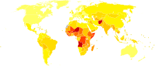 Afrika'da koyu kırmızı, Asya ve Güney Amerika'nın bir kısmında turuncu ve Avrupa ve Kuzey Amerika'da sarı rengin olduğu dünya haritası