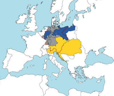 Ağırlıklı olarak Almanca konuşulan ve Avusturya'nın çok uluslu ve çok dilli topraklarını gösteren Avrupa haritası
