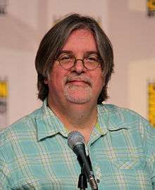  Gözlüklü ve kareli gömleği ile mikforonun önünde oturan Matt Groening.