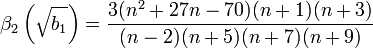 
\beta_2\left(\sqrt{b_1}\right) = \frac{3(n^2+27n-70)(n+1)(n+3)}{(n-2)(n+5)(n+7)(n+9)}
