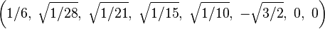 \left(1/6,\ \sqrt{1/28},\ \sqrt{1/21},\ \sqrt{1/15},\ \sqrt{1/10},\ -\sqrt{3/2},\ 0,\ 0\right)