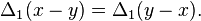 \,\Delta_1(x-y) = \Delta_1(y-x).