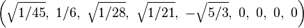 \left(\sqrt{1/45},\ 1/6,\ \sqrt{1/28},\ \sqrt{1/21},\ -\sqrt{5/3},\ 0,\ 0,\ 0,\ 0\right)